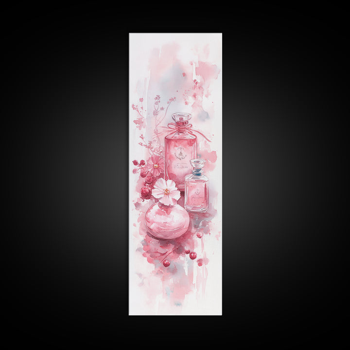 Elegant Perfume Bottles Framed Canvas Print Pink Abstract Art Wabi Sabi Decor Light Pink Bedroom Artwork Feminine Minimalist Wall Art