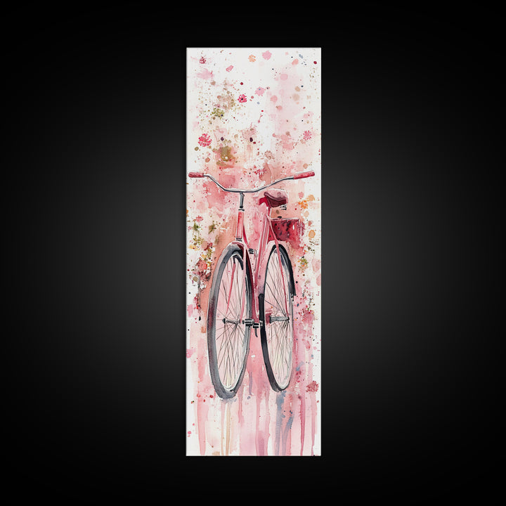 Bicycle Art Canvas Print Retro Pink Wall Art Long Narrow Vintage Style Above Couch Gift Idea Light Pink Minimalist Wabi Sabi Art