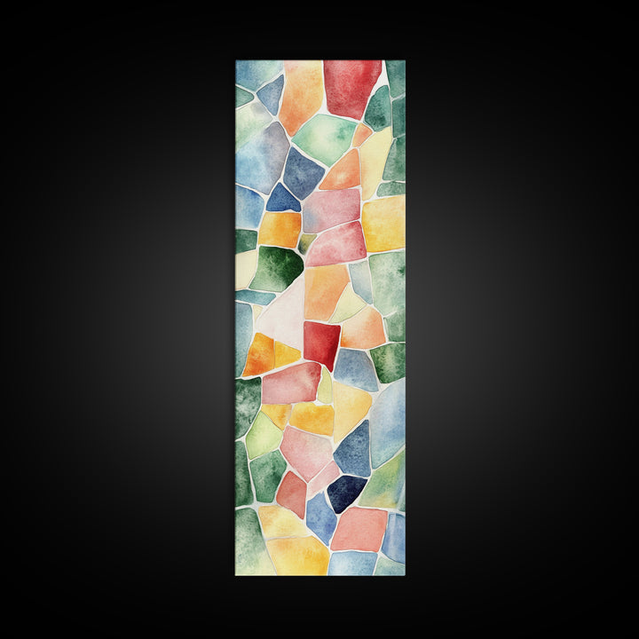 Stained Glass Mosaic Framed Canvas Print Vibrant Moroccan Wall Art Bright Geometric Long Skinny Living Room or Bedroom Decor