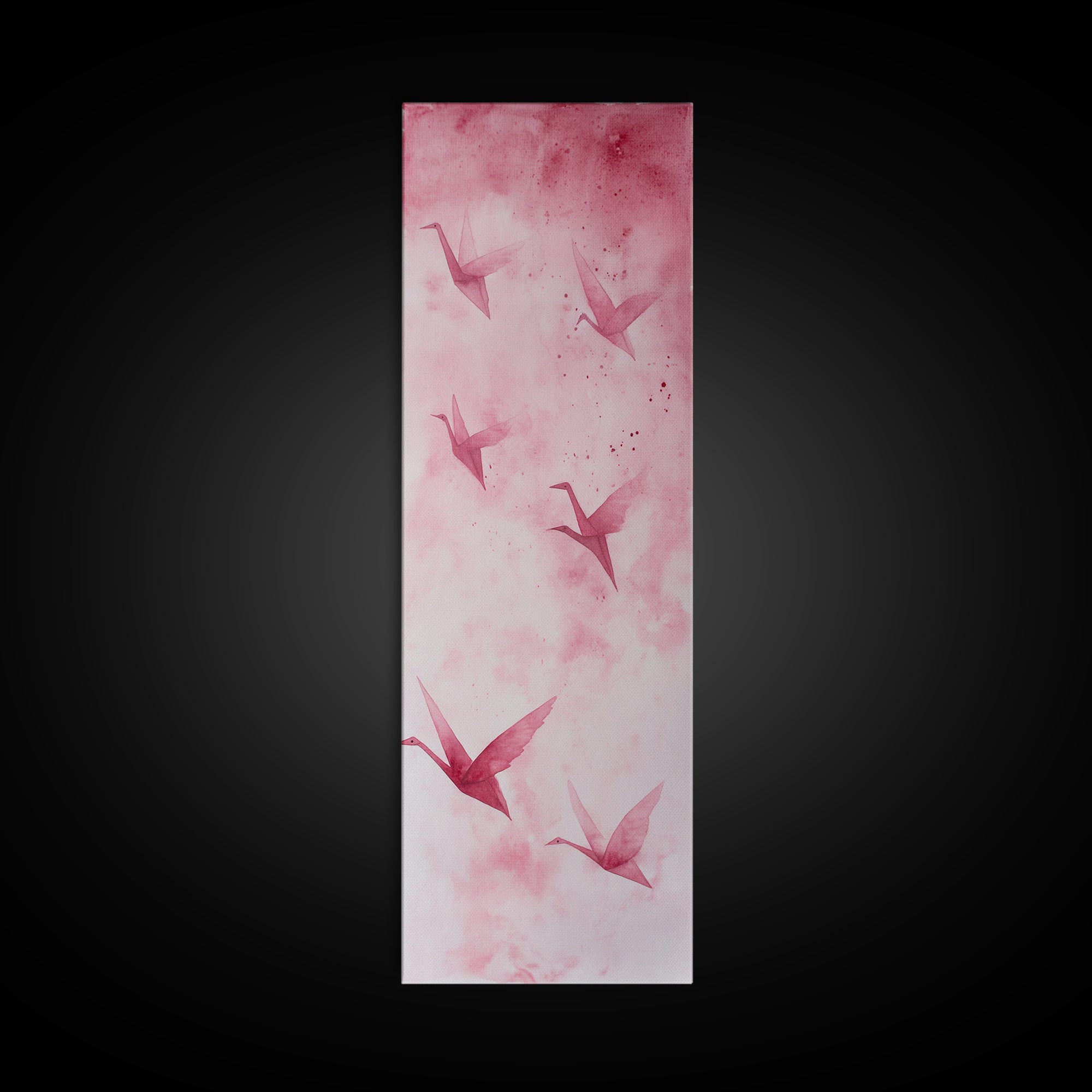 Crane Flight Canvas Print, ethereal origami bird painting in pink abstract hues, tall narrow wall art with zen minimalist aesthetic.