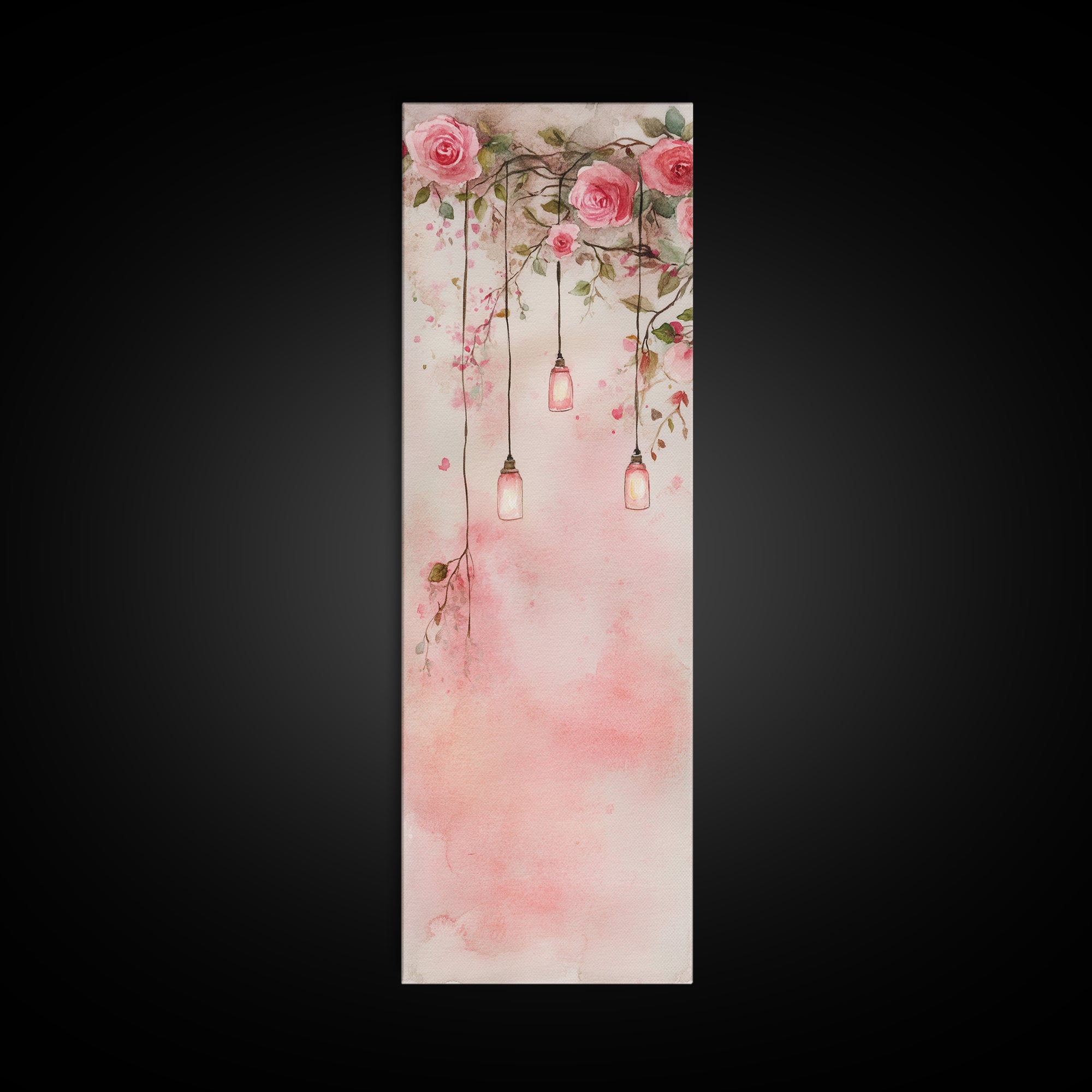 Rose Lantern Canvas Print, romantic floral and hanging lanterns painting with soft pink tones, whimsical boho wall art for bedroom decor.