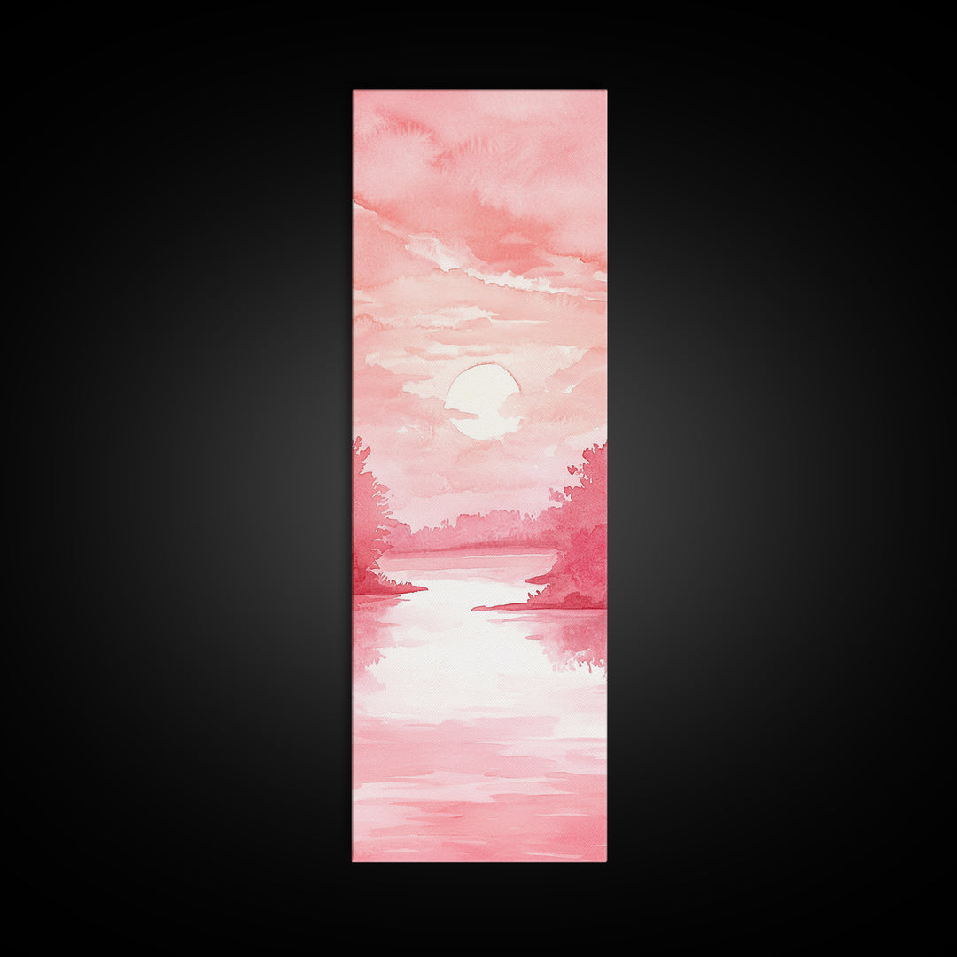 Serene Sunset Landscape Painting Framed Canvas Print with Light Pink Tones for Calm Living Room Art or Above Sofa Wall Decoration