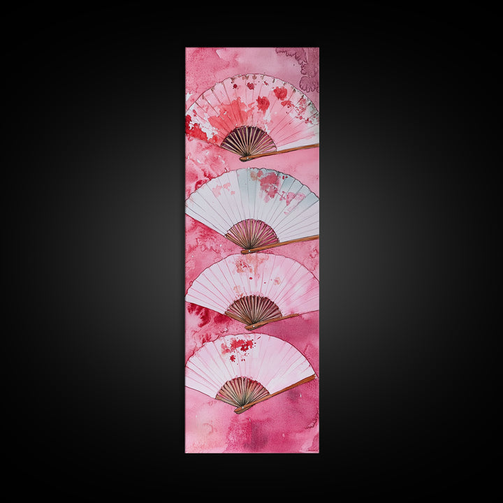 Elegant Fans Canvas Print - Chinoiserie Style Long Narrow Wall Art, Vintage-Inspired Pink Artwork, Skinny Vertical Painting
