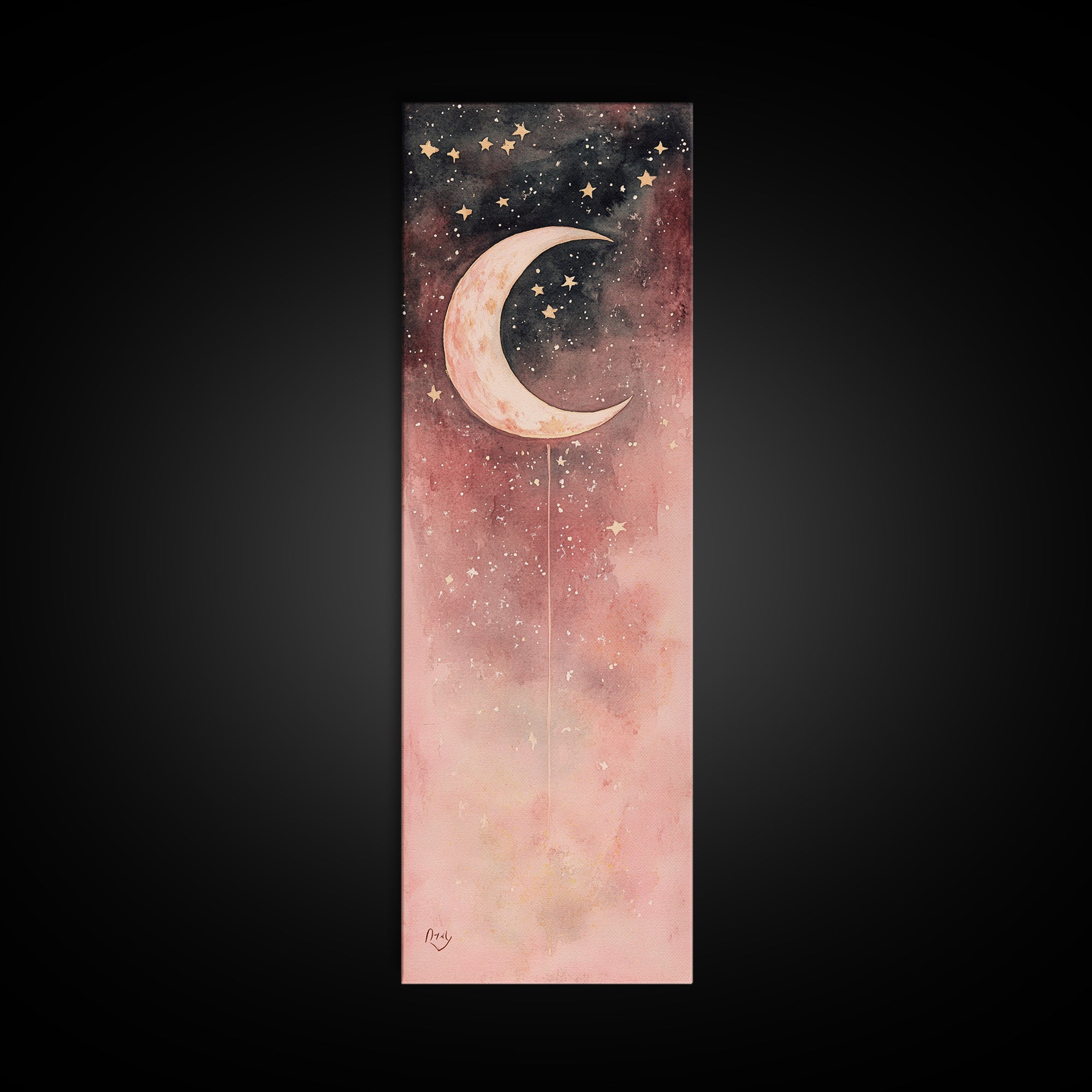 Crescent Moon Canvas Print Starry Night Pink Abstract Vertical Wall Art Zen Room Decor Dreamy Boho Gift Idea