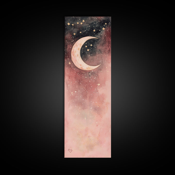 Crescent Moon Canvas Print Starry Night Pink Abstract Vertical Wall Art Zen Room Decor Dreamy Boho Gift Idea