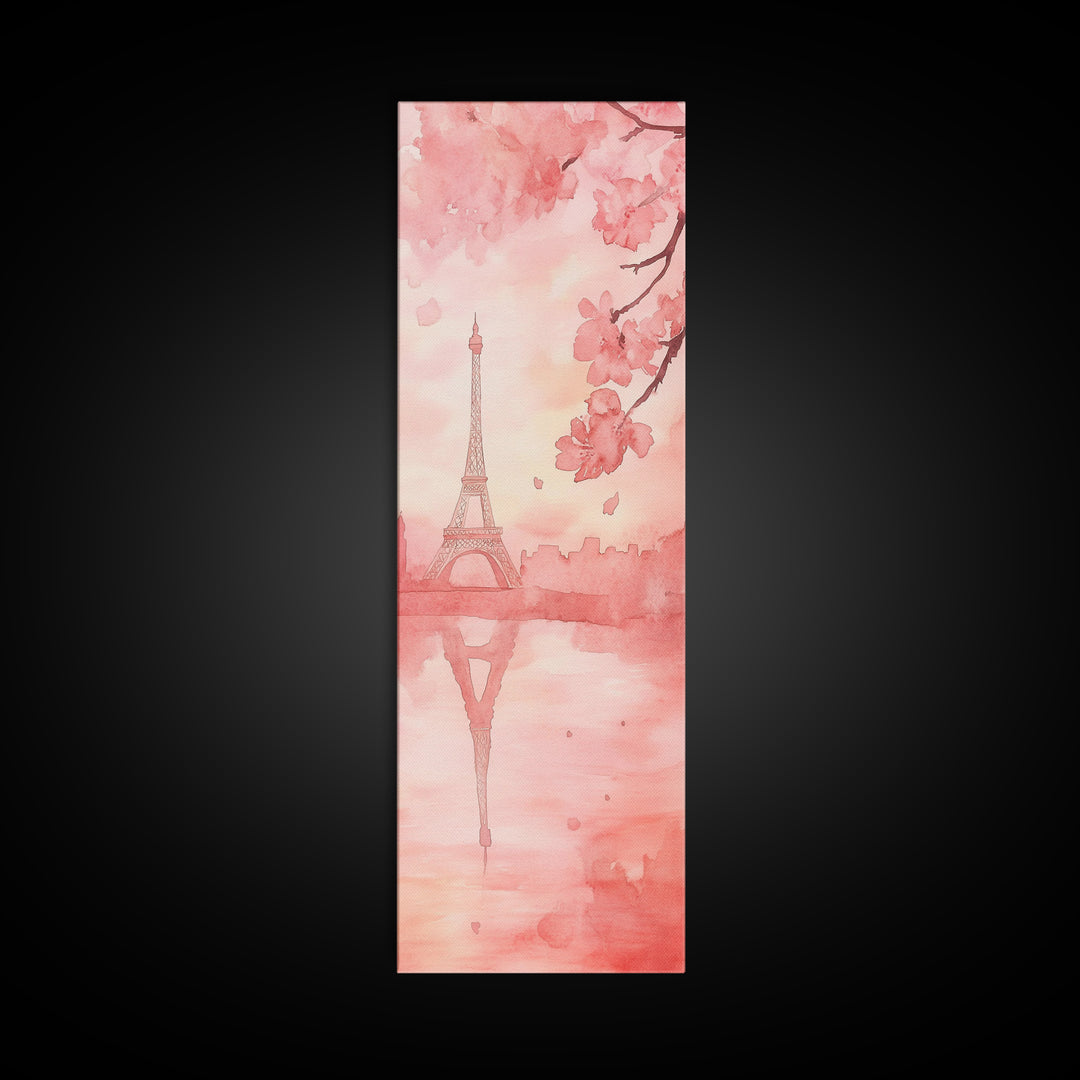 Eiffel Tower Reflection Pink Cherry Blossom Canvas Print Paris Wall Art Romantic Landscape Long Narrow Above Bed Vertical Art