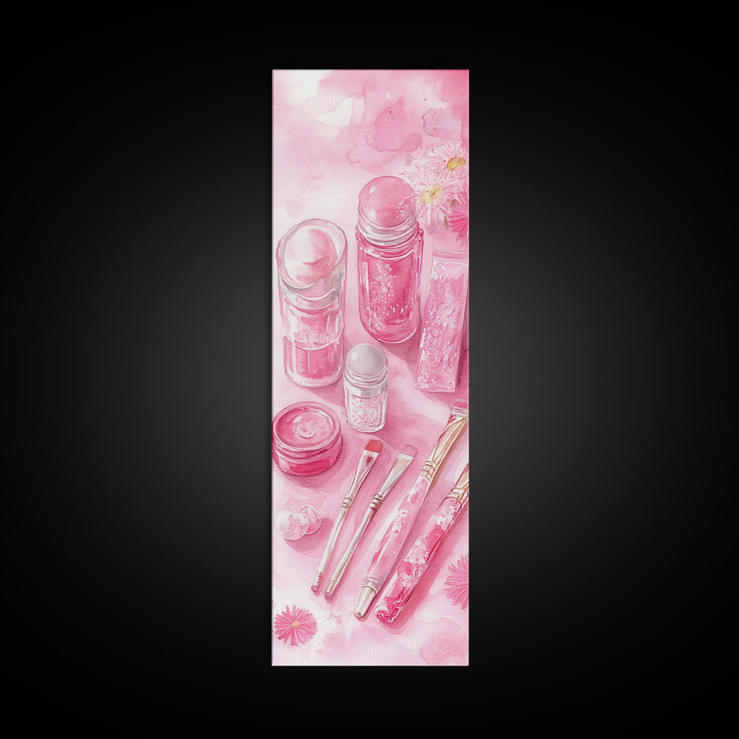 Pastel Pink Beauty Tools Canvas Print Feminine Wall Art Light Pink Bathroom Decor Makeup Lover Rustic Vertical Artwork Girly