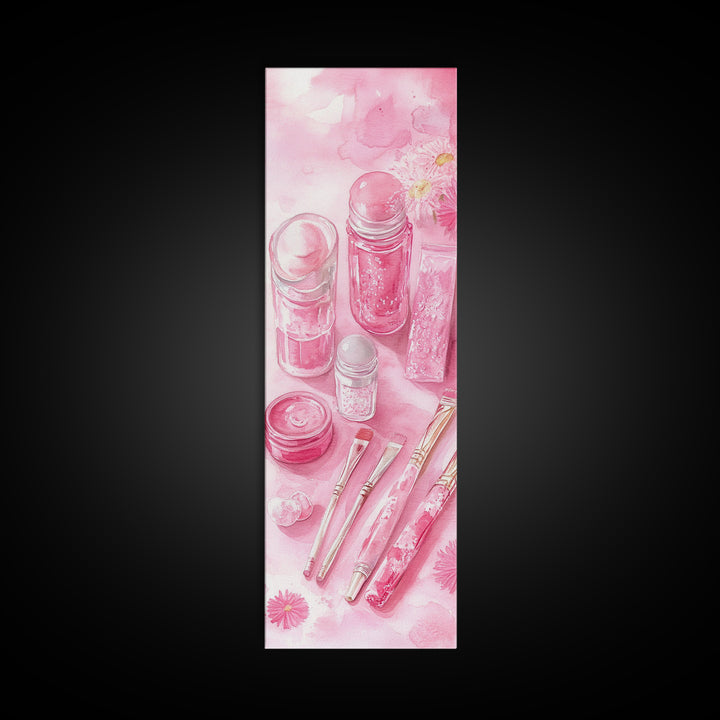 Pastel Pink Beauty Tools Canvas Print Feminine Wall Art Light Pink Bathroom Decor Makeup Lover Rustic Vertical Artwork Girly