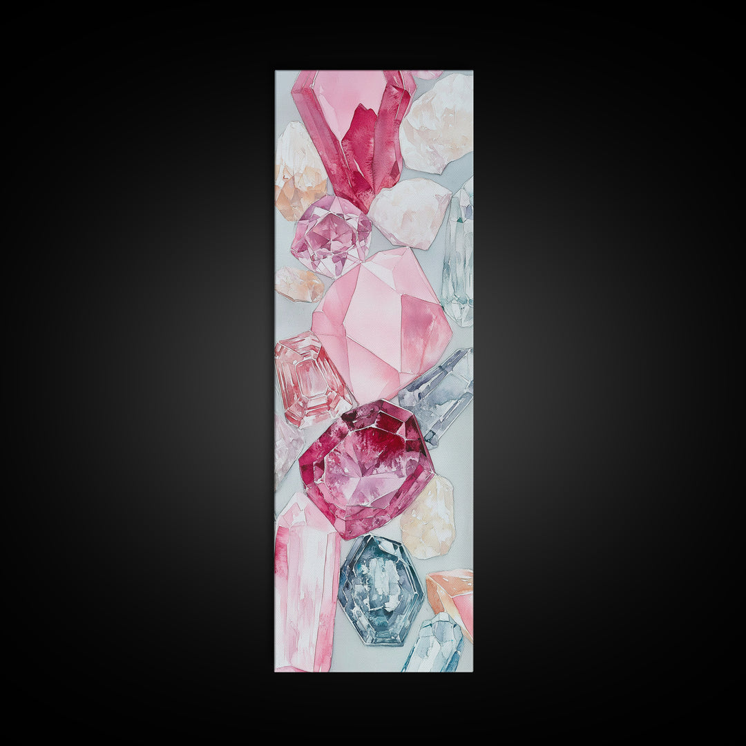 Gemstone Watercolor Painting Framed Canvas Print, Whimsical Pink Abstract Wall Art, Geometric Skinny Vertical Bedroom Art