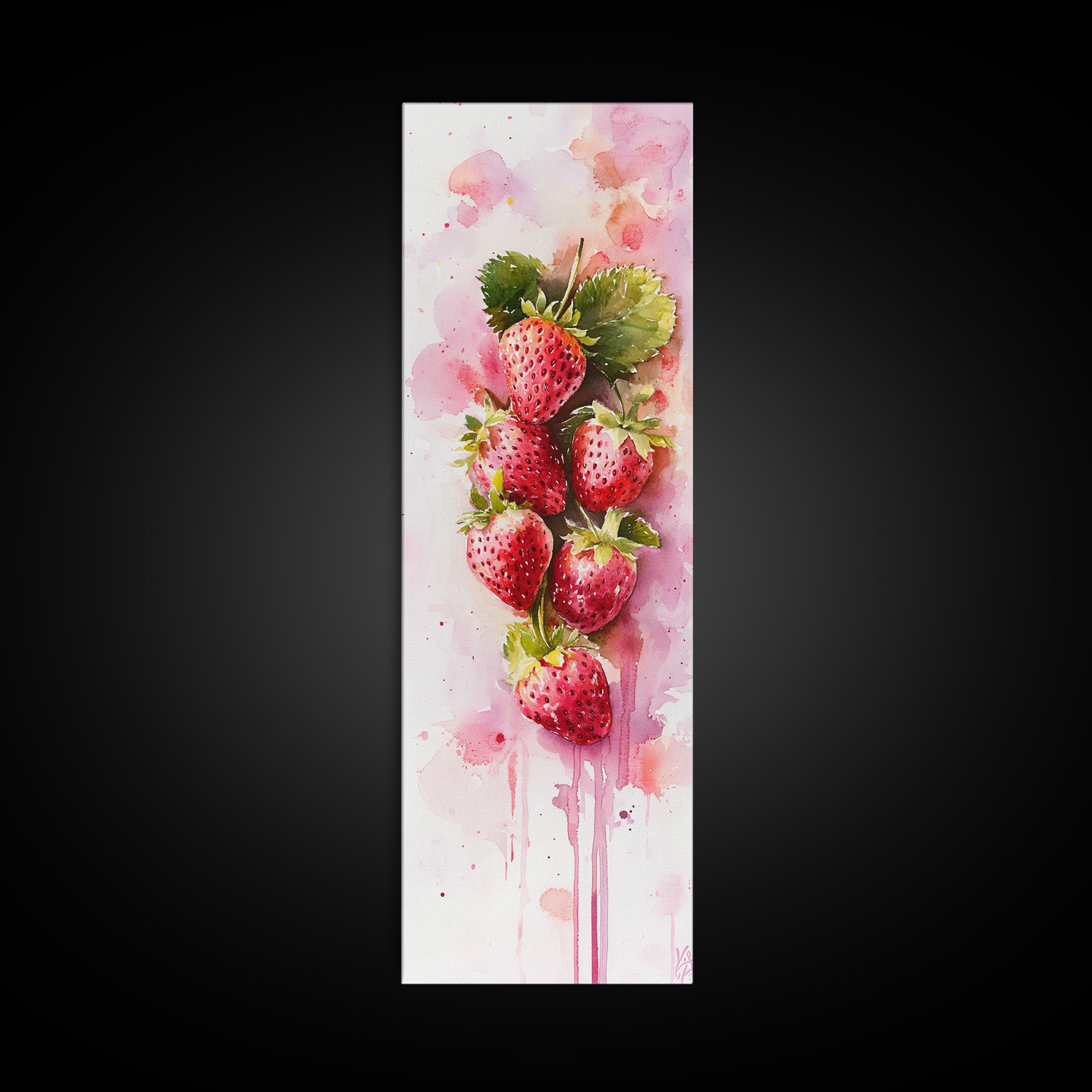 Strawberries Watercolor Painting Framed Canvas Print, Whimsical Kitchen Art, Pink Fruit Rustic Vertical Wall Art, Gift Idea