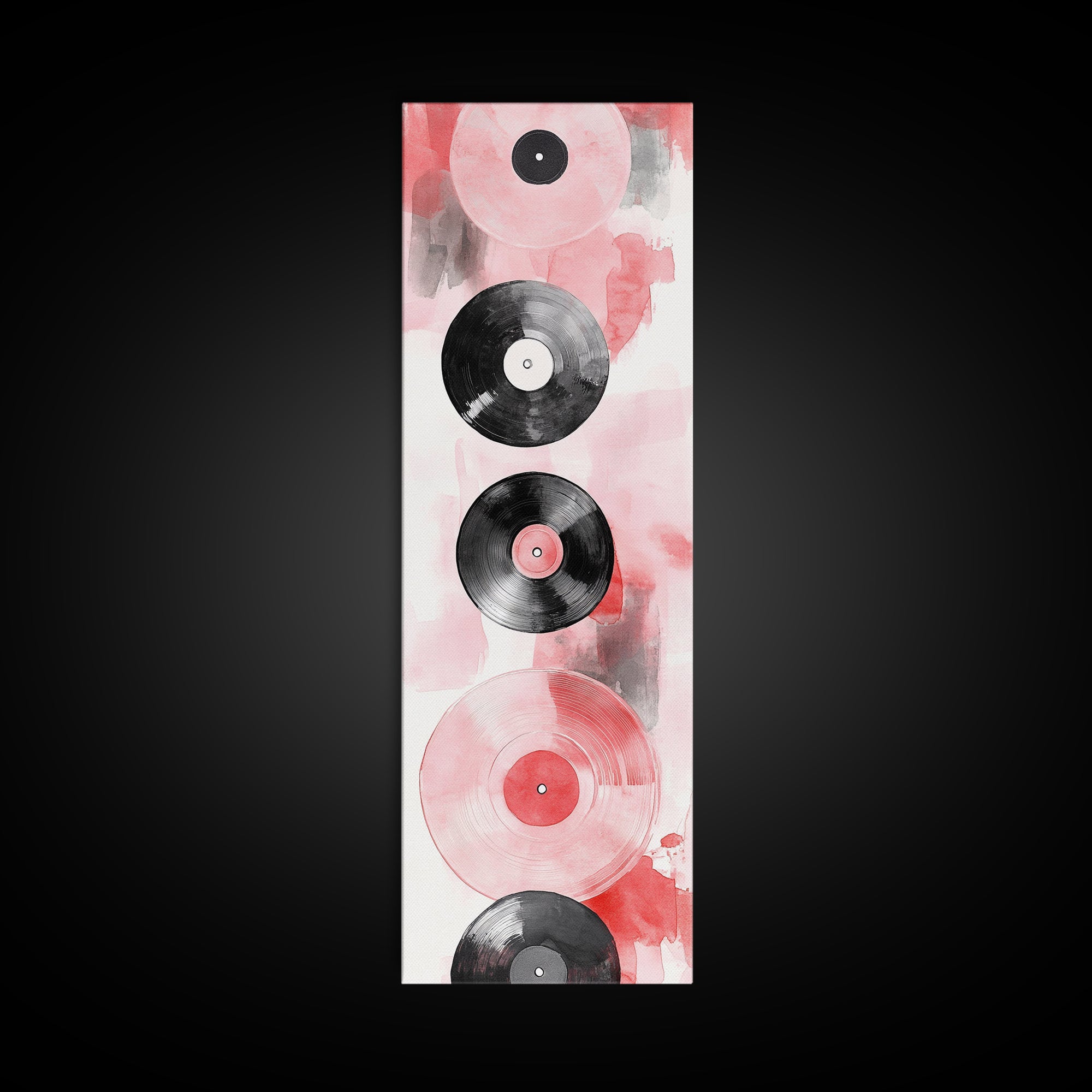 Abstract Vinyl Records Canvas Print, Retro Music Lover Wall Art, Light Pink Minimalist Art, Vertical Skinny Living Room Decor