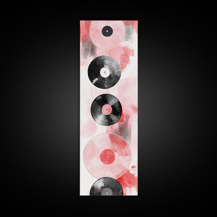 Abstract Vinyl Records Canvas Print, Retro Music Lover Wall Art, Light Pink Minimalist Art, Vertical Skinny Living Room Decor