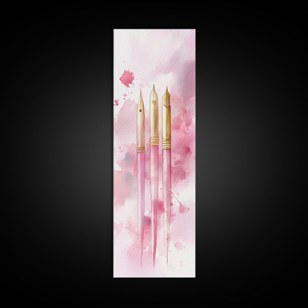 Pink Fountain Pens Canvas Print Whimsical Art Writer’s Gift Minimalist Art Living Room Decor Unique Office Wall Art Illustration