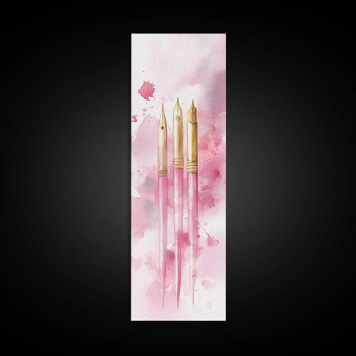 Pink Fountain Pens Canvas Print Whimsical Art Writer’s Gift Minimalist Art Living Room Decor Unique Office Wall Art Illustration