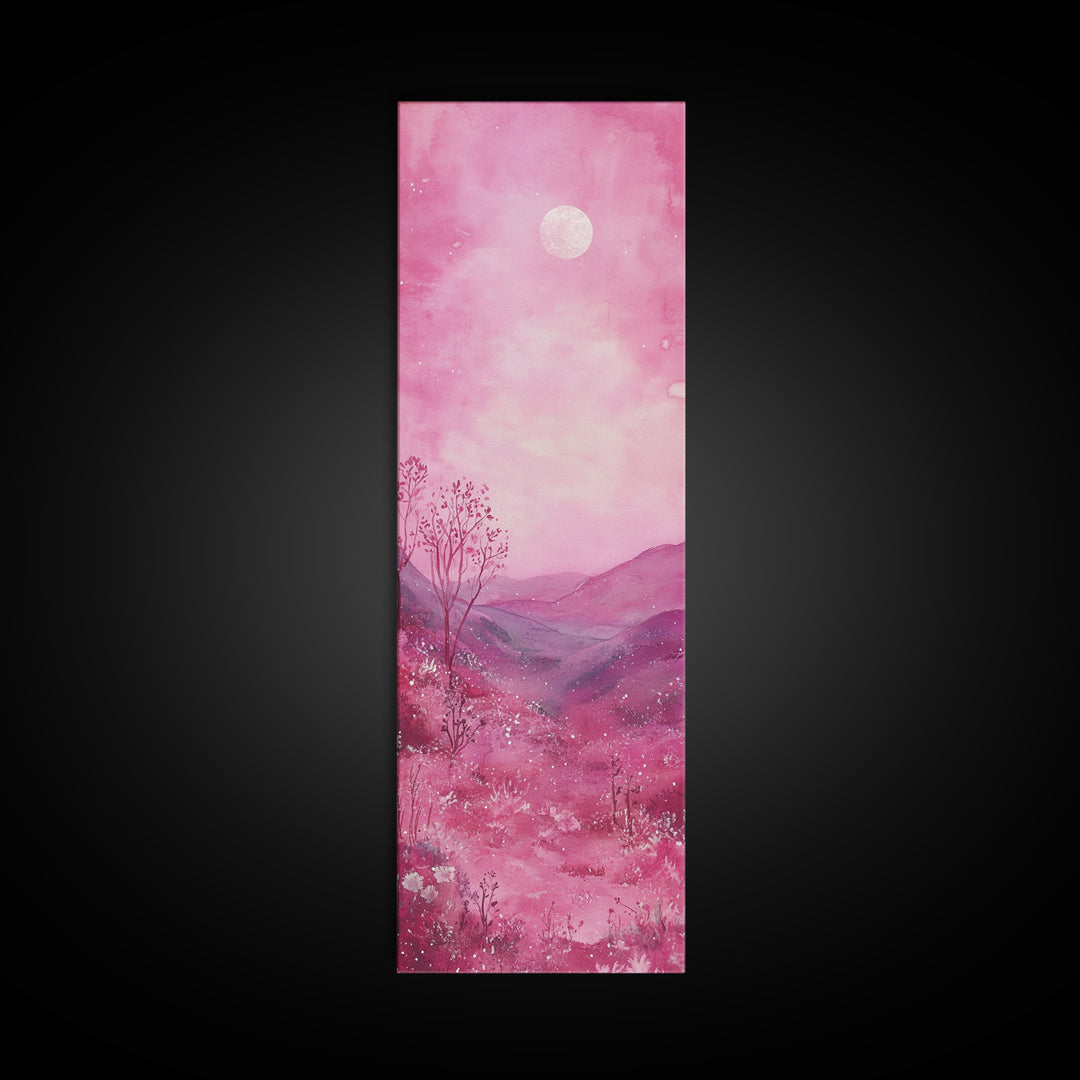 Mystical Pink Moon Framed Canvas Print with Wildflower and Mountain Painting Perfect Moody Landscape Art for Living Room