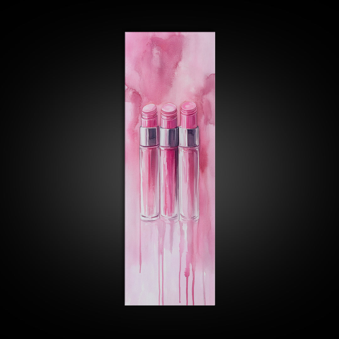 Glossy Pink Lipstick Trio Framed Canvas Print in Minimalist Vertical Wall Art for Fashion and Makeup Room Décor