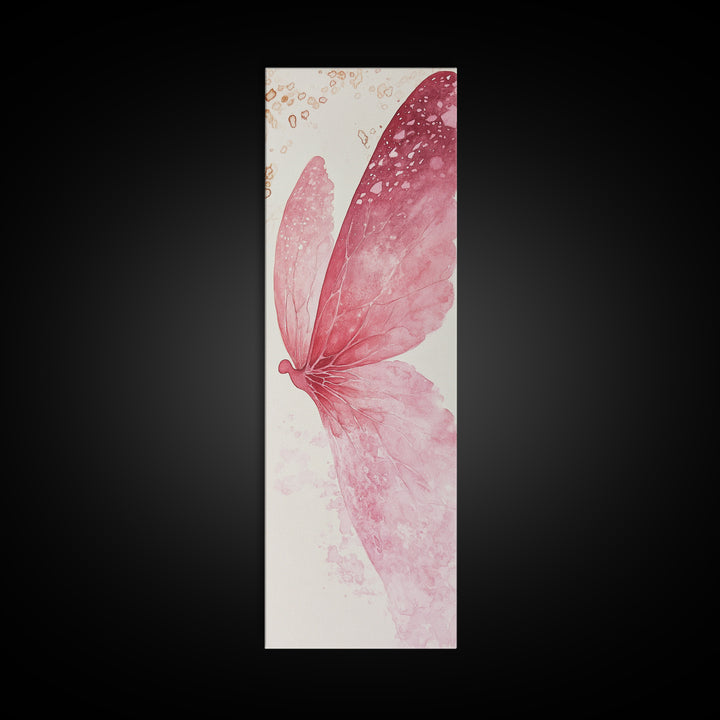 Pink Butterfly Whimsical Art Framed Canvas Print, Cherry Blossom Painting with Light Pink Abstract Style, Minimalist Vertical Wall Art