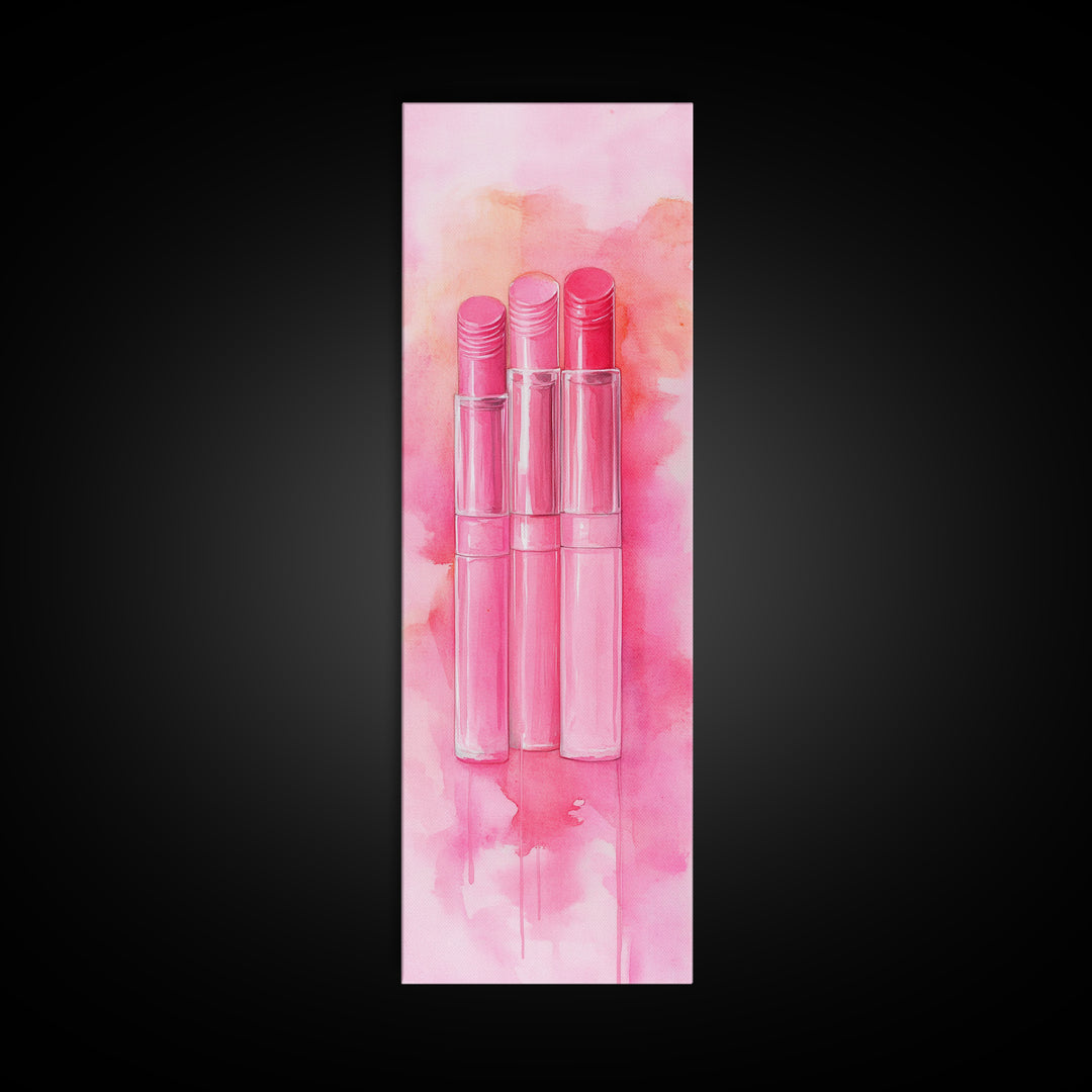 Light Pink Lipsticks Framed Canvas Print, Modern Whimsical Art, Abstract Vertical Art for Makeup Room or Girly Dorm Wall Decor