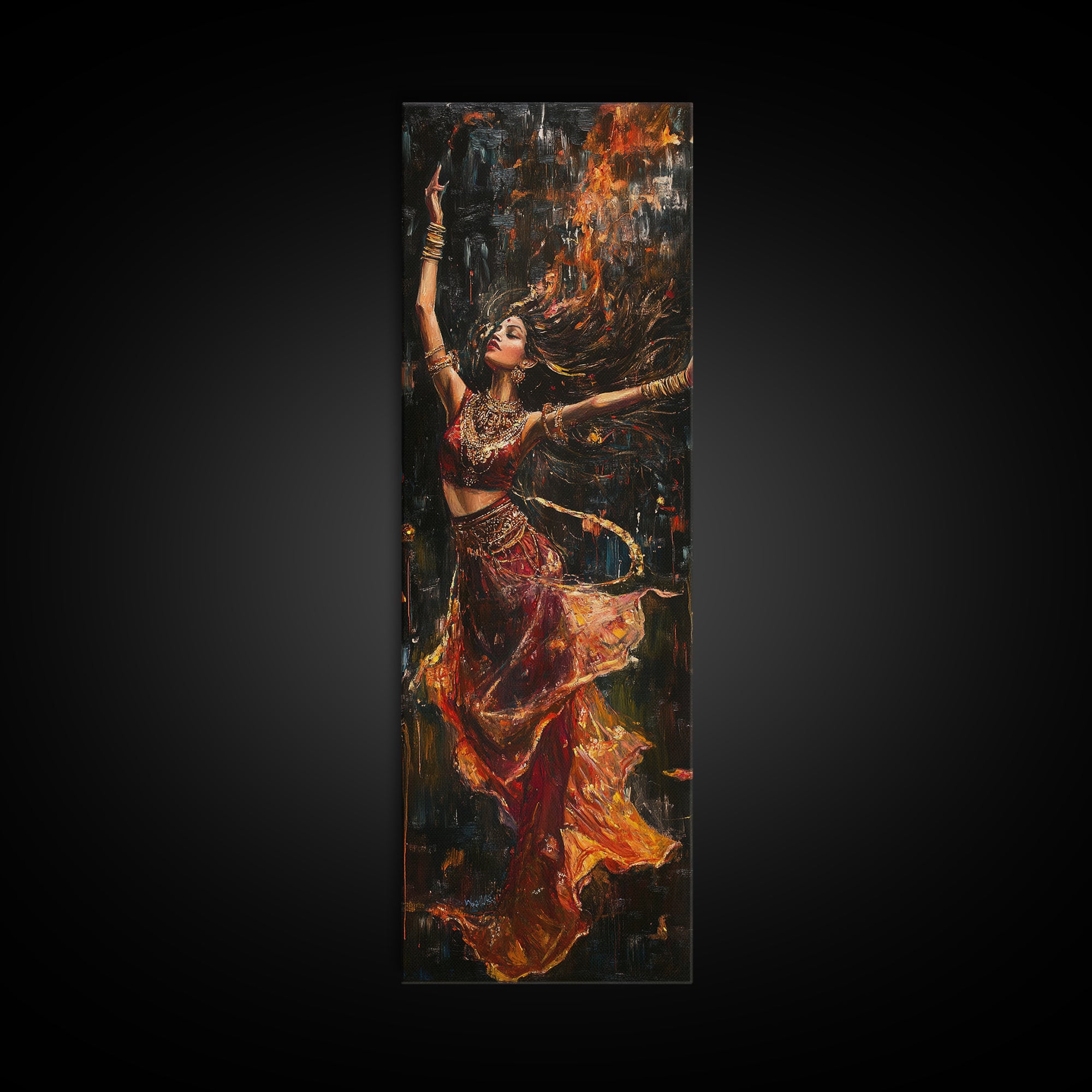 Dancing Woman Framed Canvas Print, Fiery Dark Romance Painting, Original Vertical Art for Bold Bedroom or Statement Living Room Decor