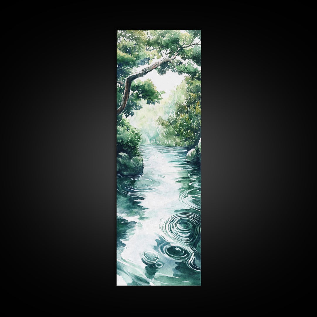 Serene Forest Stream Framed Canvas Print Coastal Landscape Art Green Wall Art Rustic Decor Vertical Art Guest Room Wall Decor