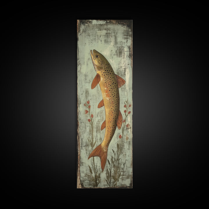 Trout Art Rustic Framed Canvas Print Skinny Vertical Art Fly Fishing Art Rustic Decor Tall Narrow Art Guest Room Wall Decor