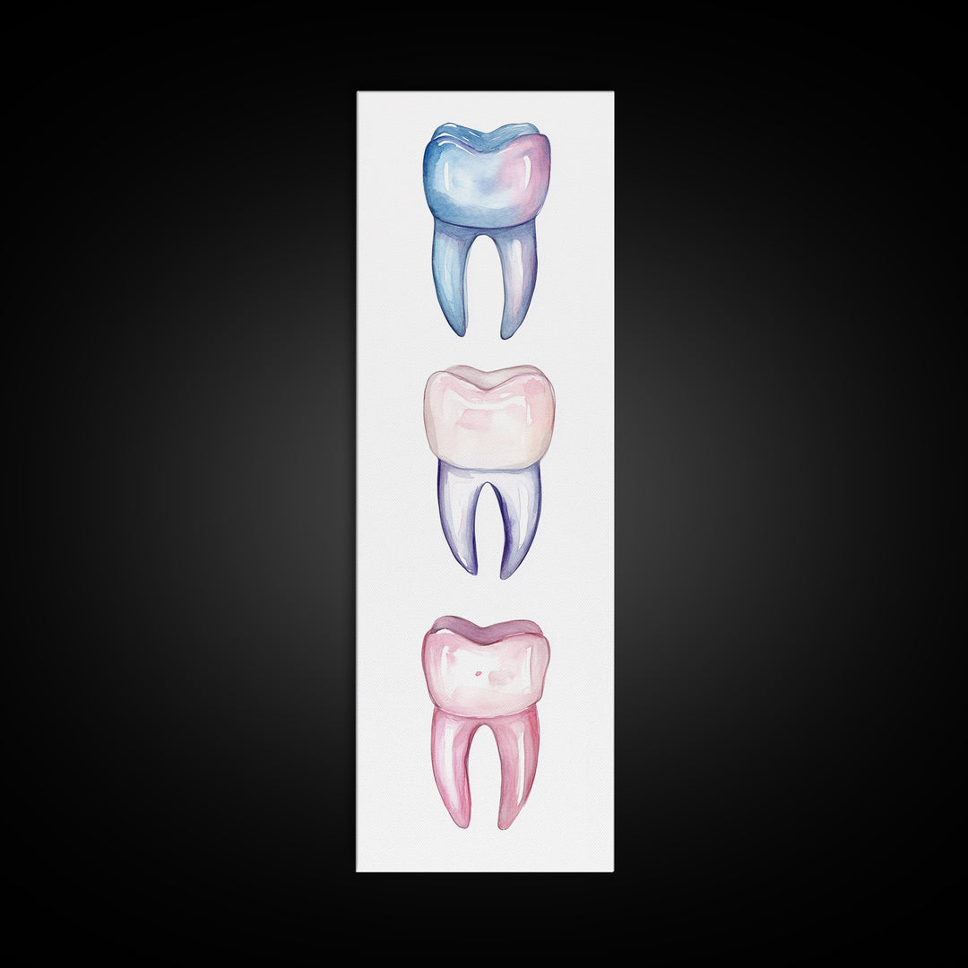 Whimsical Rainbow Teeth Canvas Print, Dentist Office Vertical Wall Art, Vibrant Dental Art Print for Gift Ideas