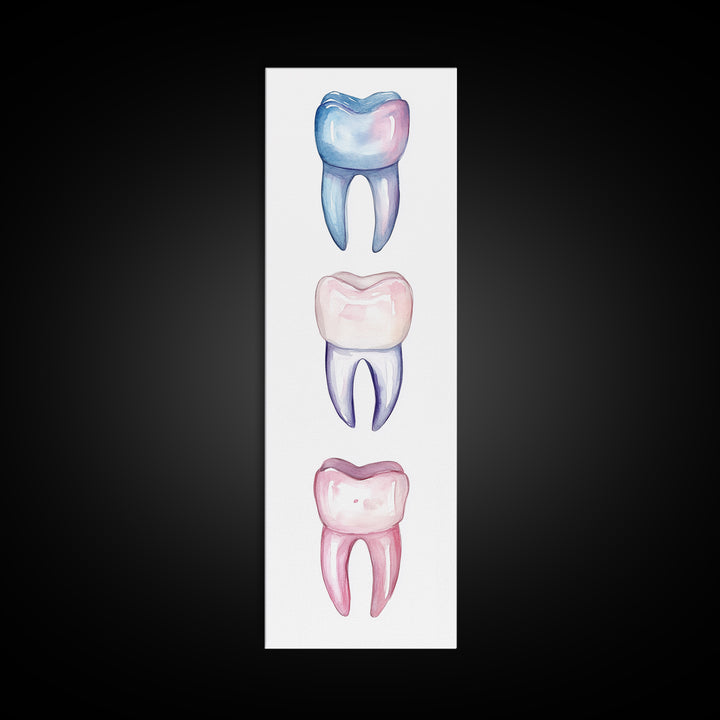 Whimsical Rainbow Teeth Canvas Print, Dentist Office Vertical Wall Art, Vibrant Dental Art Print for Gift Ideas
