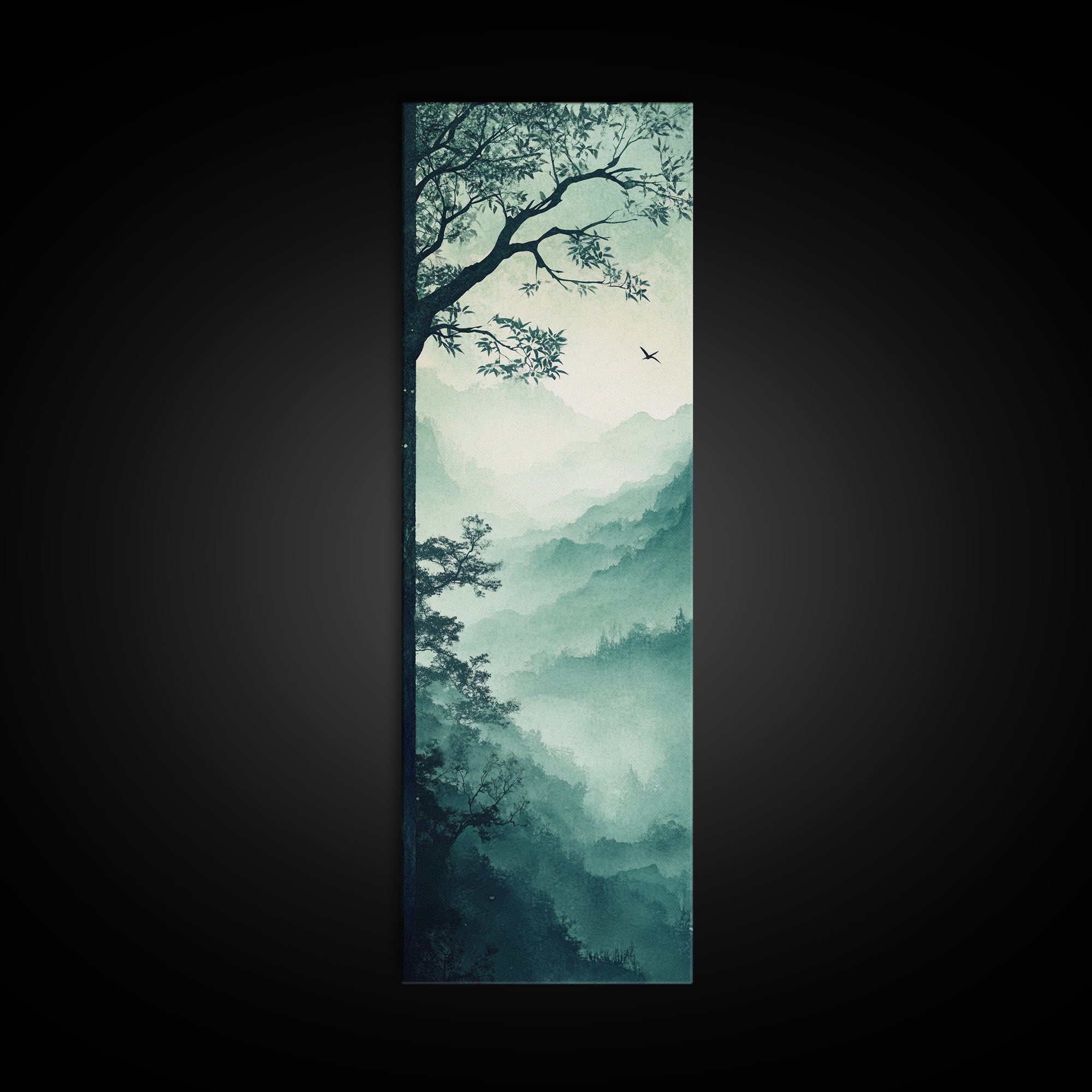 Misty Forest Panorama Framed Canvas Print Southwest Wall Art Vertical Nature Scene Above Couch Art Smoky Mountain Landscape