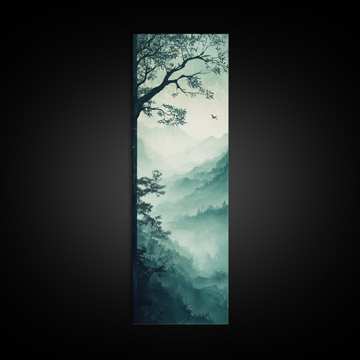Misty Forest Panorama Framed Canvas Print Southwest Wall Art Vertical Nature Scene Above Couch Art Smoky Mountain Landscape