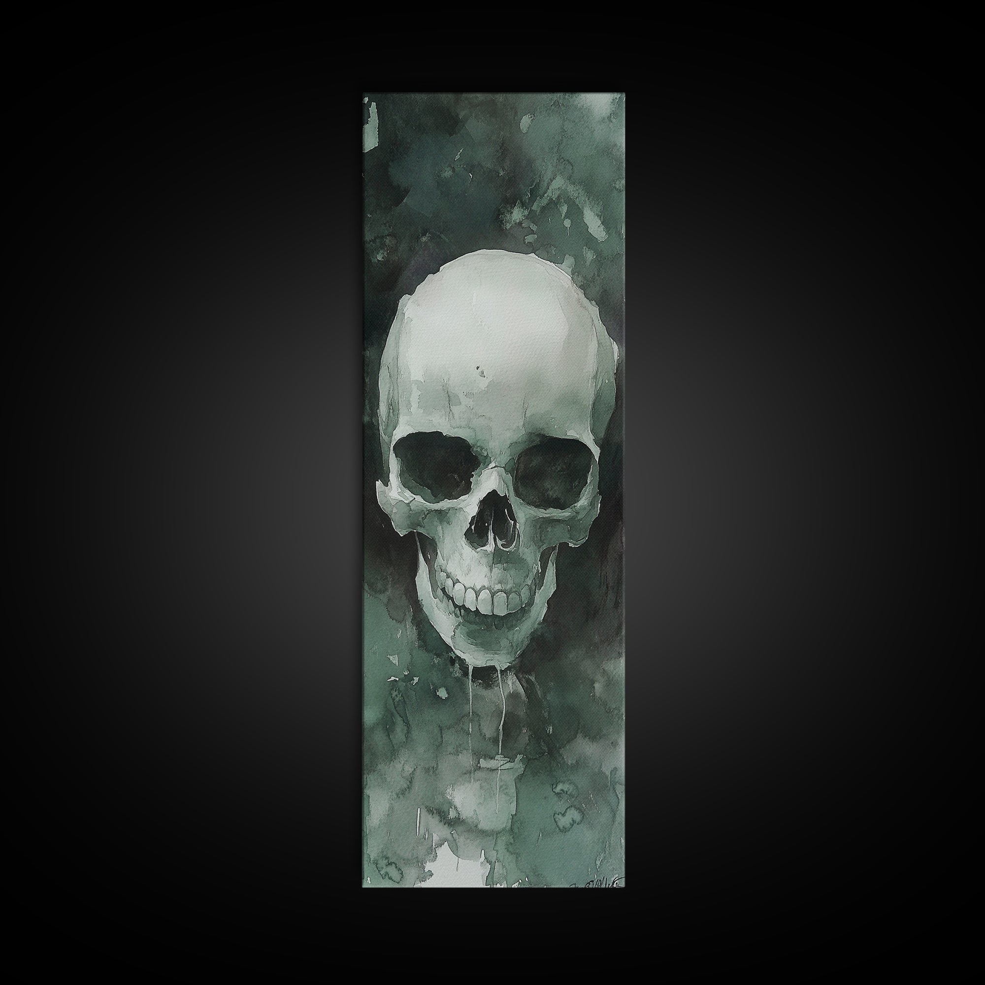 Minimalist Skull Canvas Print in Dark Green Tones, Wabi Sabi Art with Rustic Decor Style, Perfect for Unique Wall Art Accent