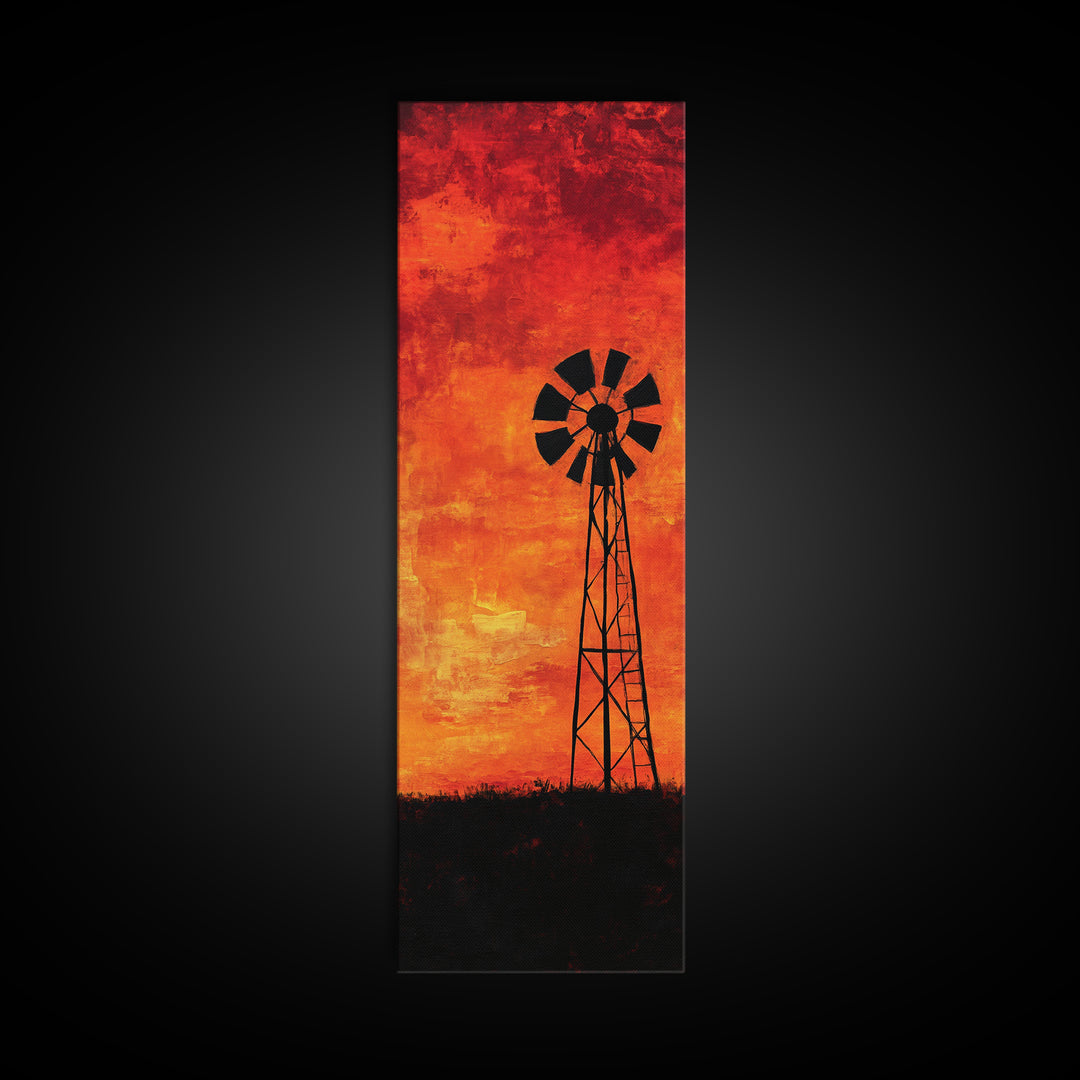 Rustic Windmill Framed Canvas Print, Southwest Farmhouse Decor, Moody Sunset Landscape Wall Art, Vertical Artwork for Bedroom