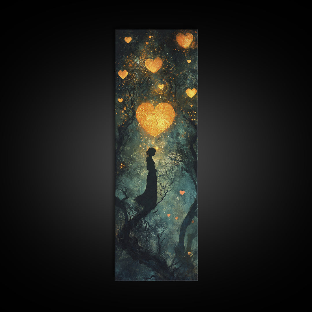 Mystical Heart Silhouette Canvas Print with Starry Night Forest, Moody Wall Art Gift Idea in Whimsical Romantic Style