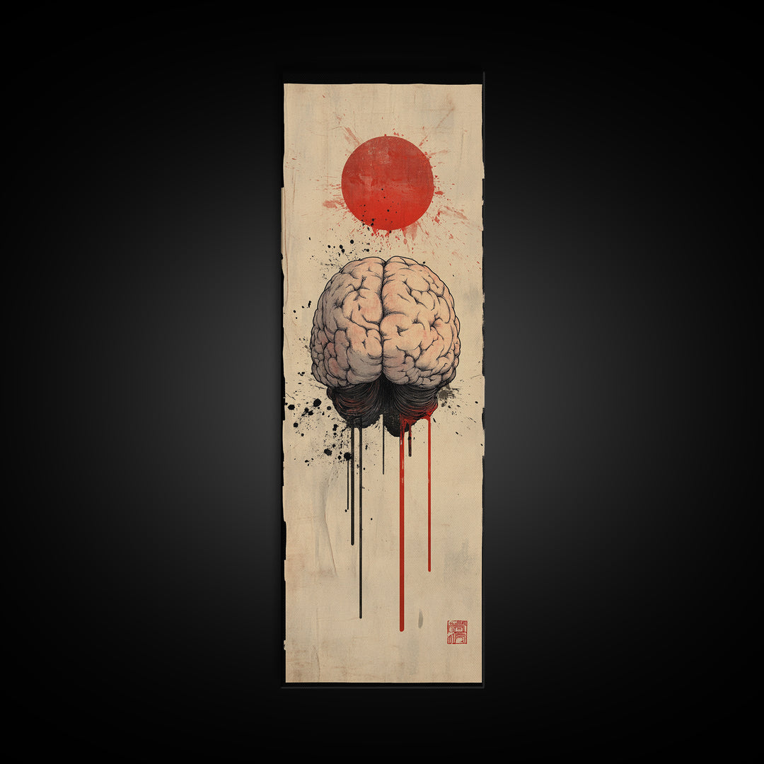 Red Sun Brain Framed Canvas Print, Abstract Science Wall Art, Moody Therapy Artwork, Vertical Wabi Sabi Decor, Living Room Art