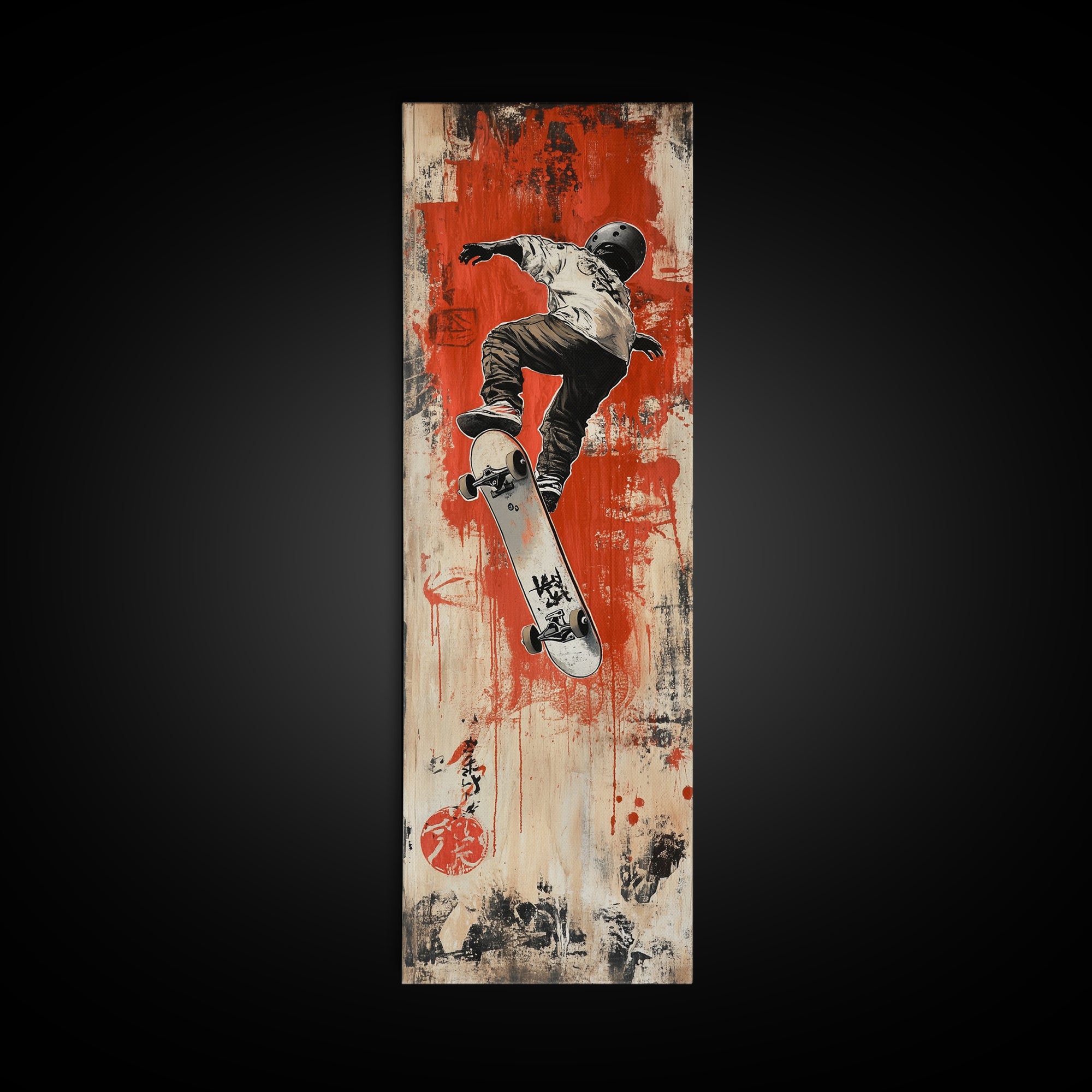 Skateboarder Canvas Print, Red and Black Urban Wall Art, Graffiti Inspired Vertical Artwork, Gift Idea for Living Room or Teen Bedroom