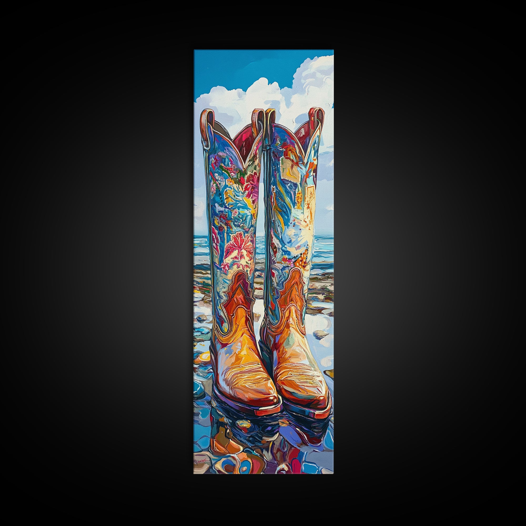 Vibrant Western Boots Framed Canvas Print, Coastal Cowgirl Artwork, Farmhouse Rustic Decor, Bright Living Room Vertical Art