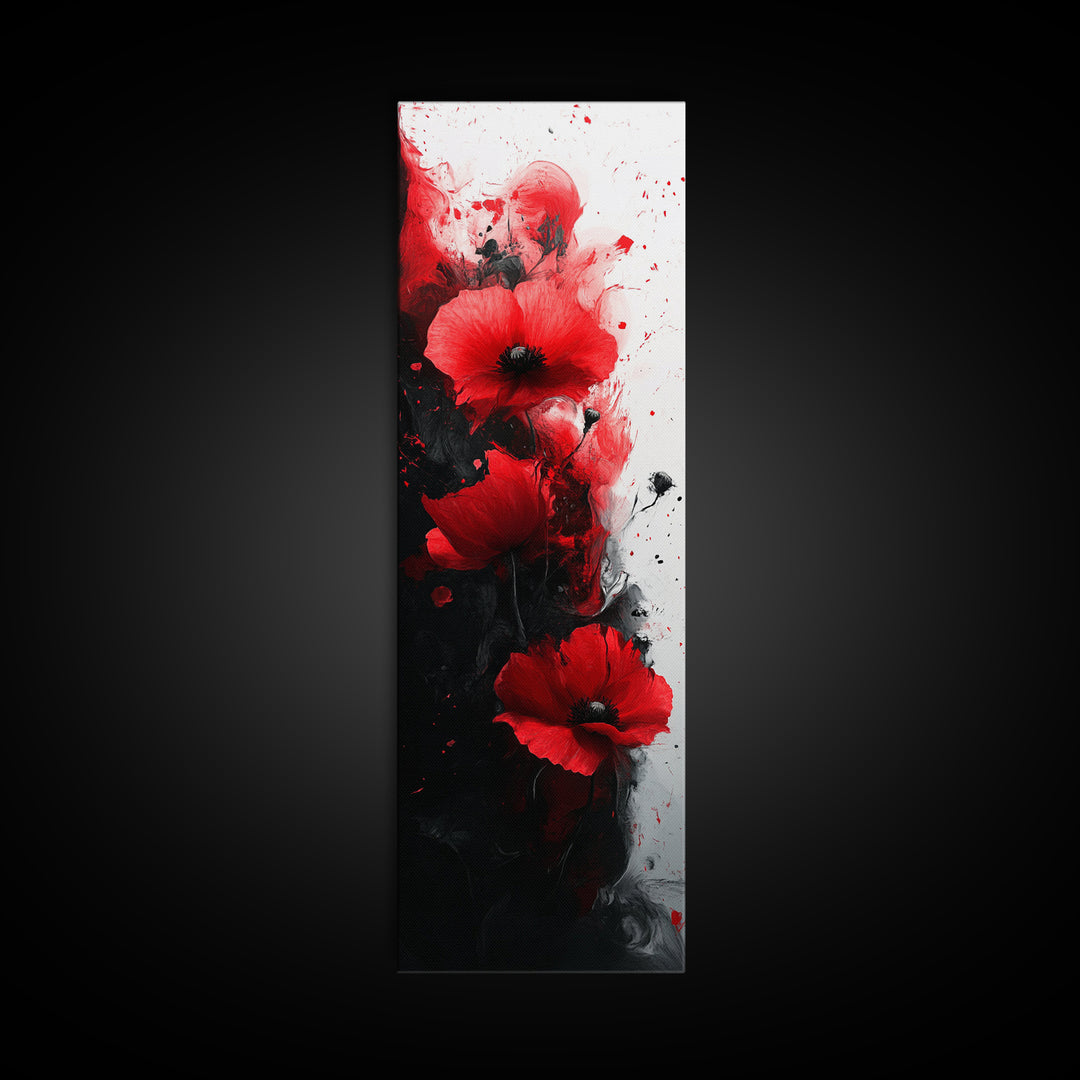Dramatic Poppy Art Black and White Red Wall Art Framed Canvas Print California Poppy Art Rustic Home Decor Tall Skinny Art