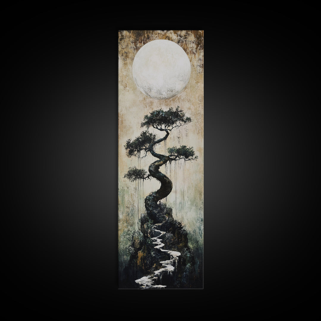 Mystical Moon and Bonsai Canvas Print Zen Wall Art Serene Wabi Sabi Decor Minimalist Nature Artwork Vertical Framed Artwork