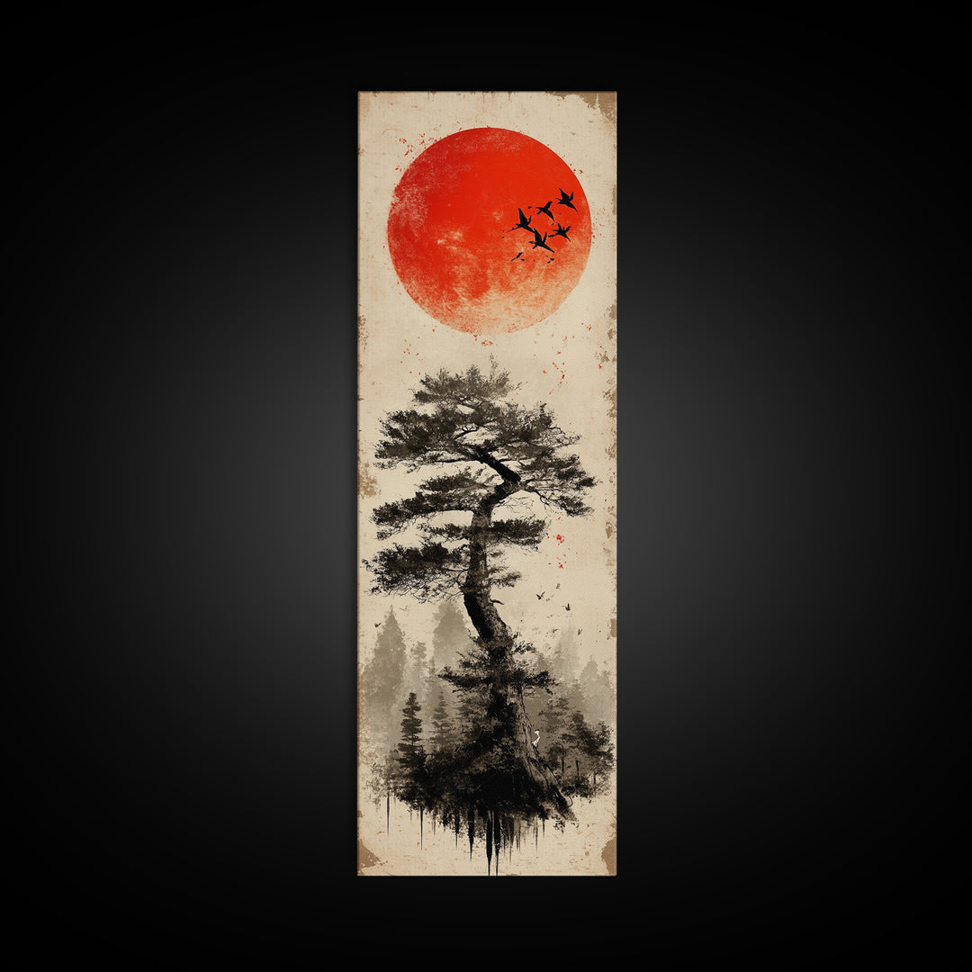Bold Red Sun Pine Tree Framed Canvas Print Japanese Inspired Minimalist Wall Art Rustic Zen Decor Unique Vertical Nature Artwork