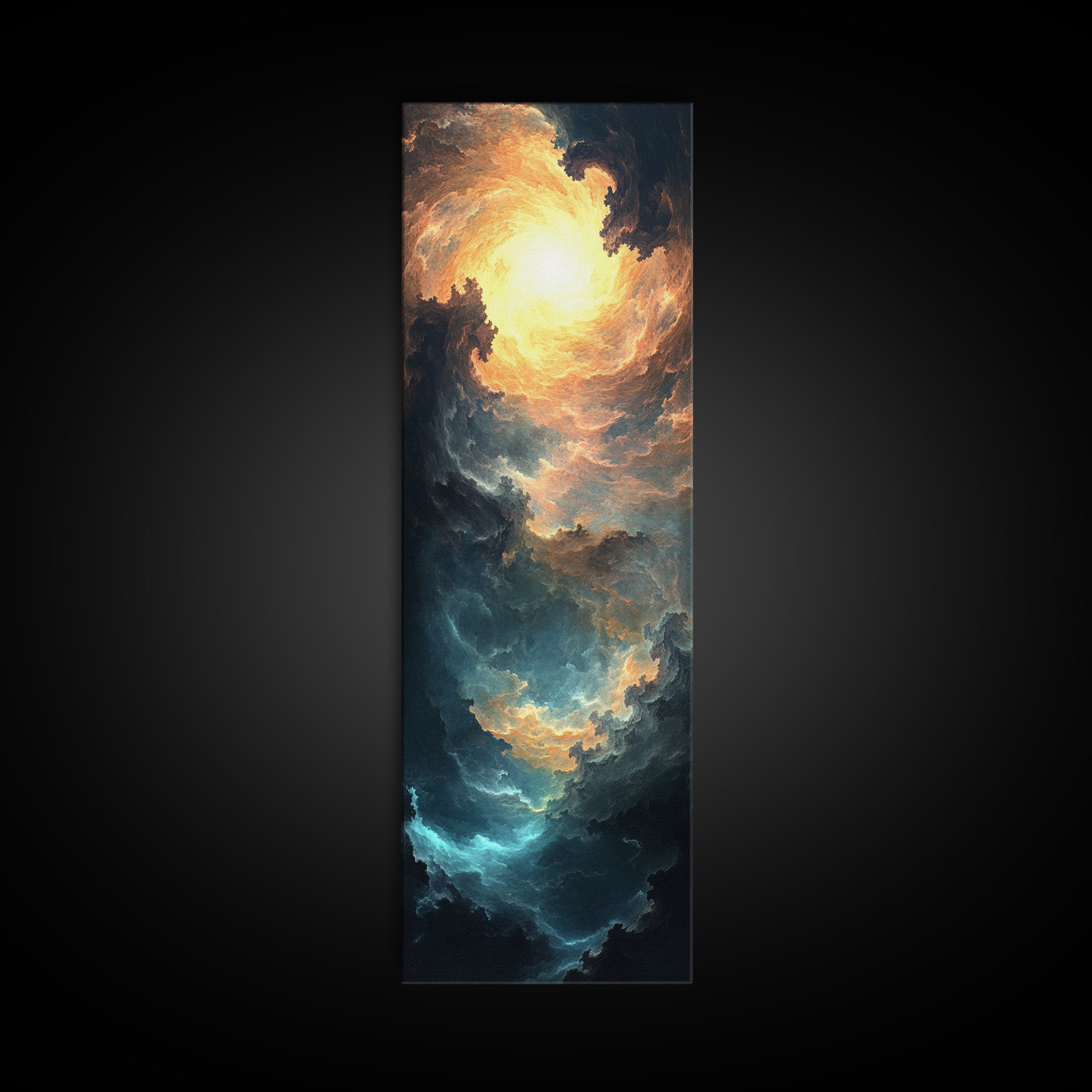 Celestial Abstract Landscape Framed Canvas Print Moody Horizontal Wall Art Blue and Gold Living Room or Bedroom Decor