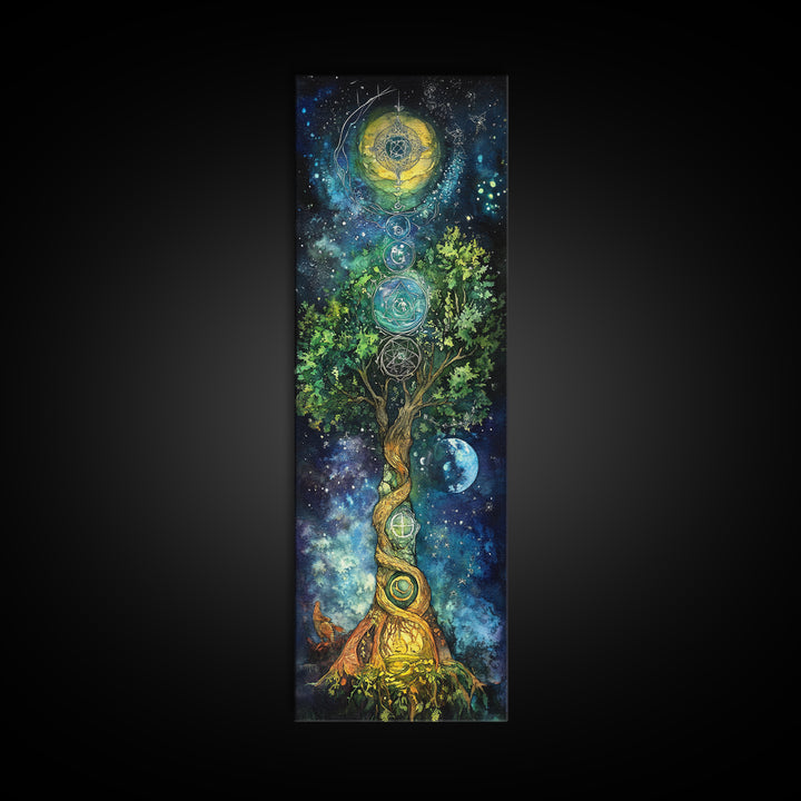 Celestial Tree Canvas Print With Cosmic Sacred Geometry Art, Whimsical Night Sky Scene, Panoramic Art Ideal Above Sofa Wall Decor