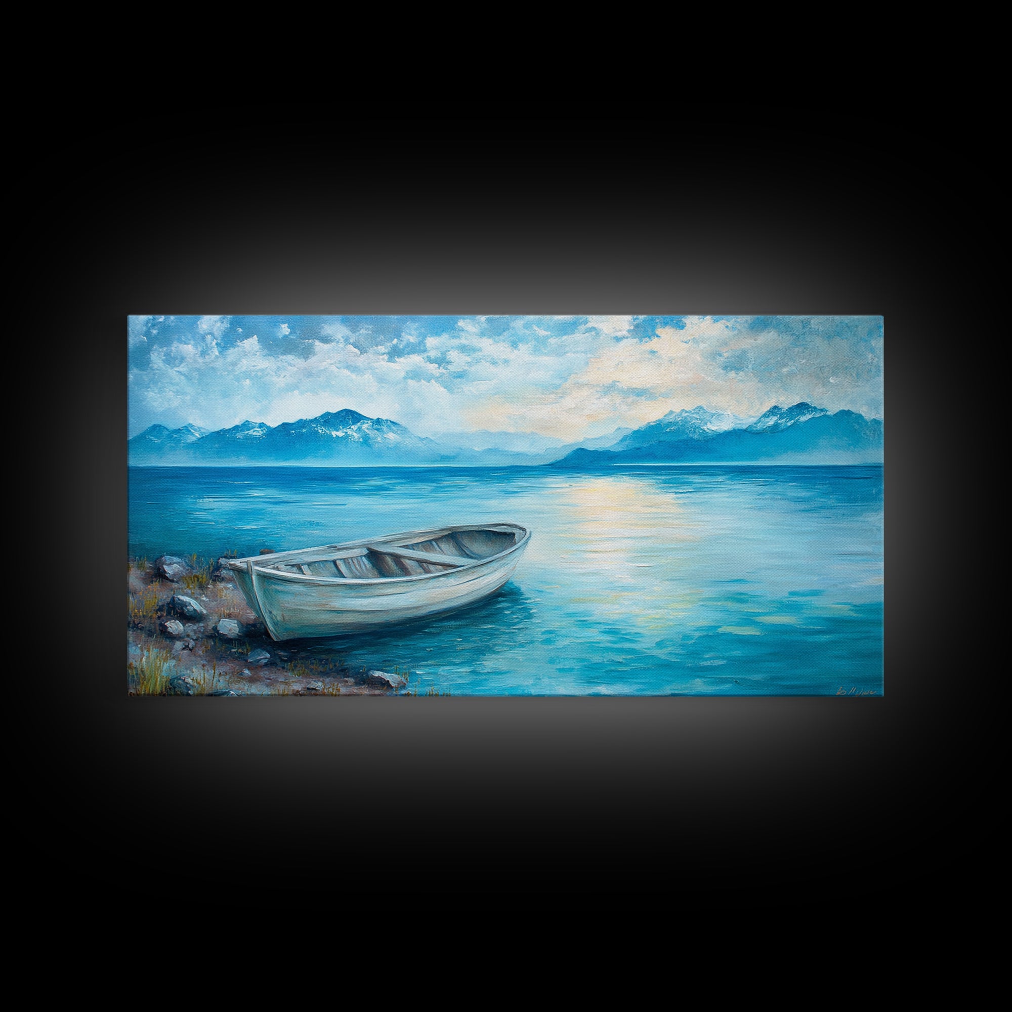 Boat on Tranquil Lake Canvas Print Coastal Landscape Art Nautical Wall Art Rustic Decor Above Sofa Artwork Bedroom Art Original Painting