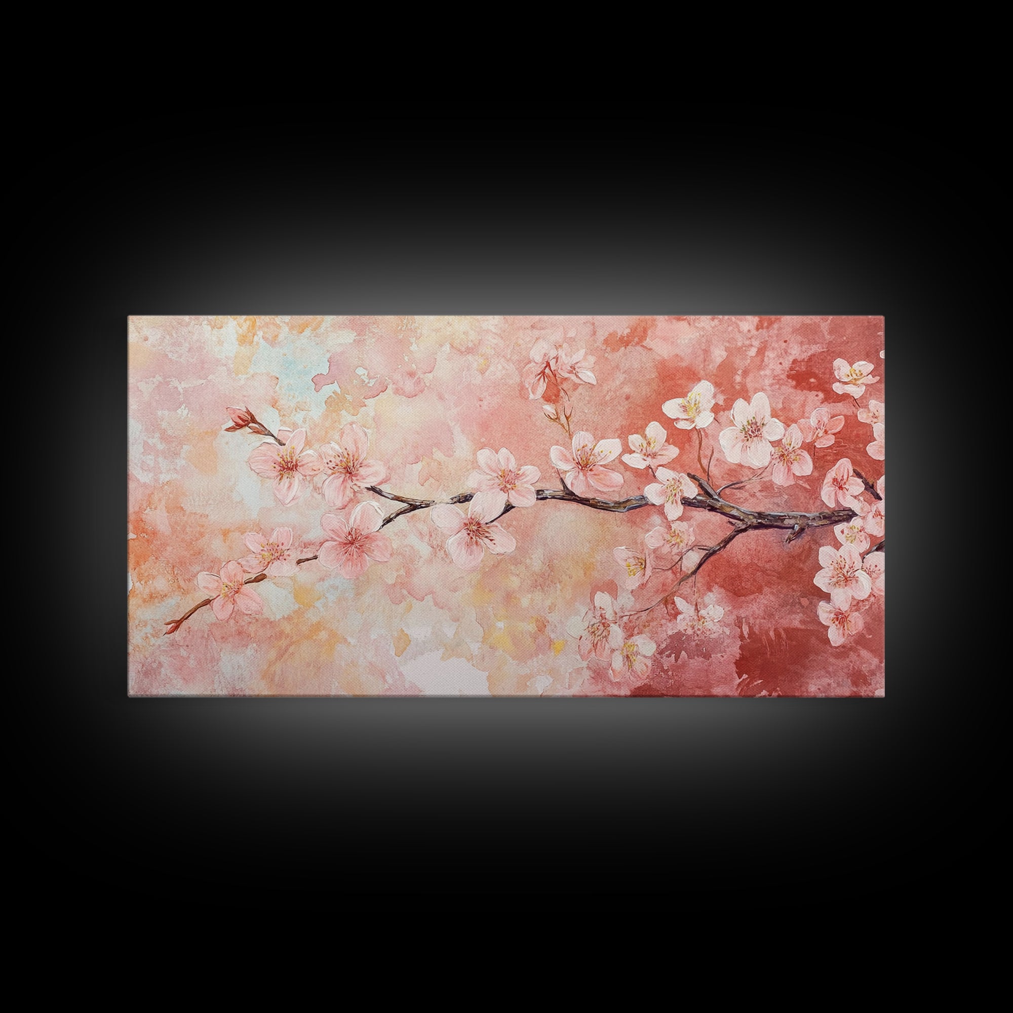Cherry Blossom Painting Framed Canvas Print, Light Pink Wall Art Living Room Decor, Horizontal Wall Art Rustic Art Gift Idea for Her