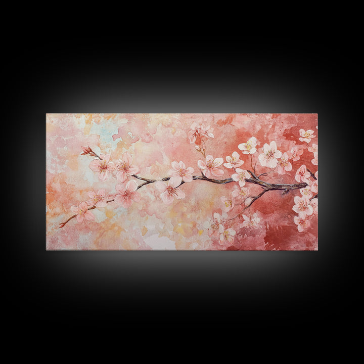 Cherry Blossom Painting Framed Canvas Print, Light Pink Wall Art Living Room Decor, Horizontal Wall Art Rustic Art Gift Idea for Her
