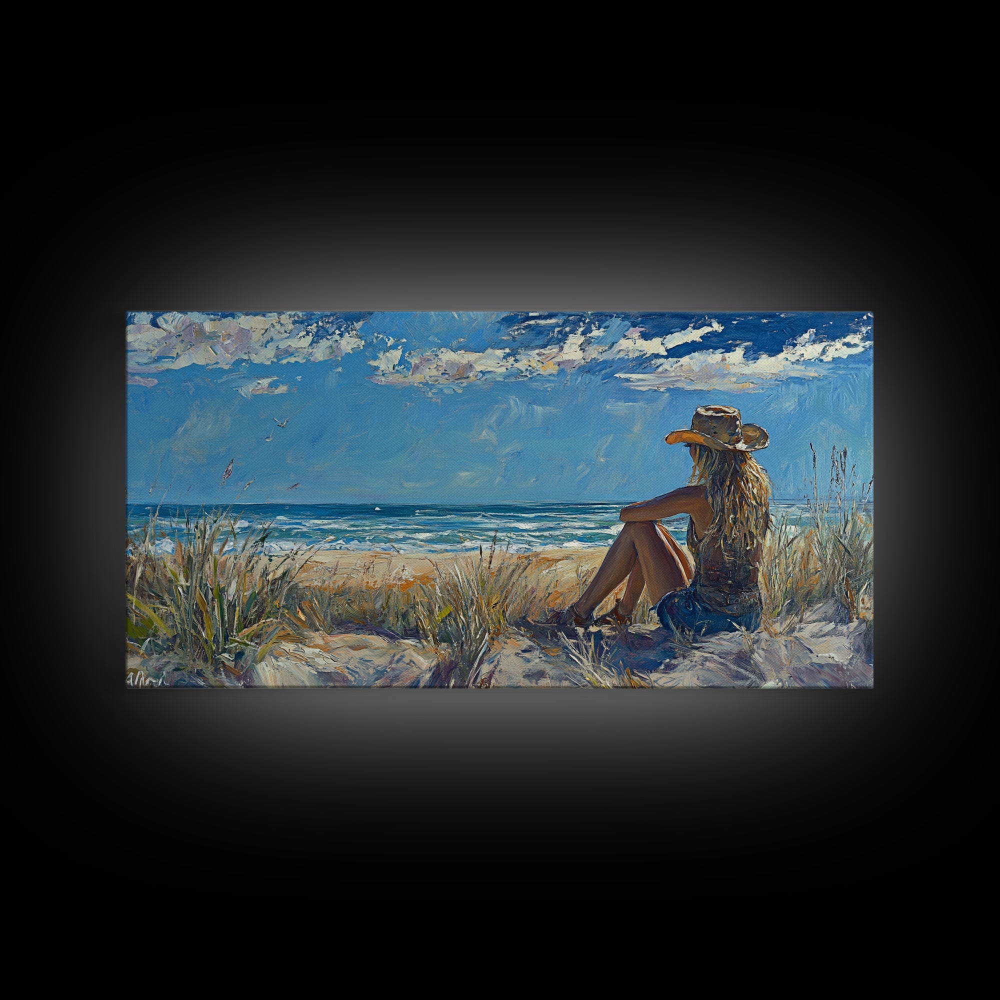 Coastal Cowgirl Framed Canvas Print Coastal Landscape Art Nautical Decor Ocean View Art Horizontal Wall Art Above Bed Wall Art