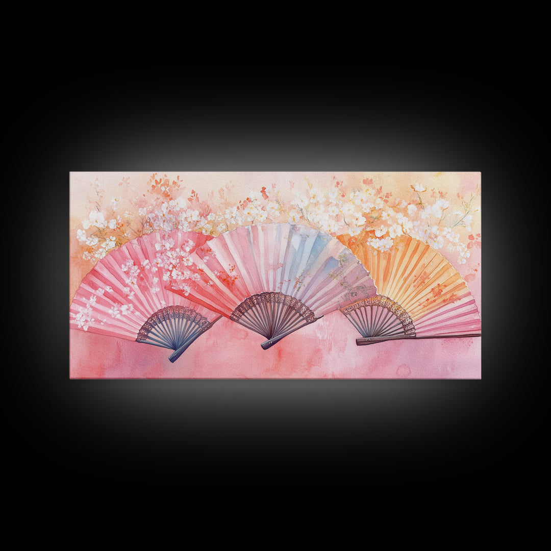 Cherry Blossom Fan Canvas Print Japanese Inspired Art Framed Pink Orange Wall Art Long Narrow Skinny Bedroom Rustic Spring Decor
