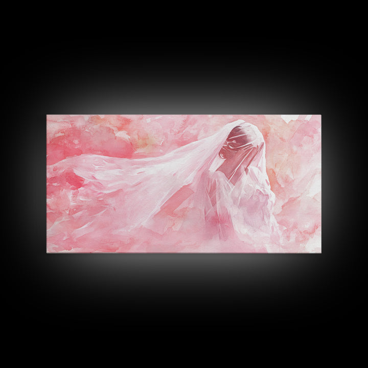 Delicate Veiled Woman Canvas Print Light Pink Wall Art Feminine Minimalist Art Bedroom Decor Above Bed Boho Art Gift Idea