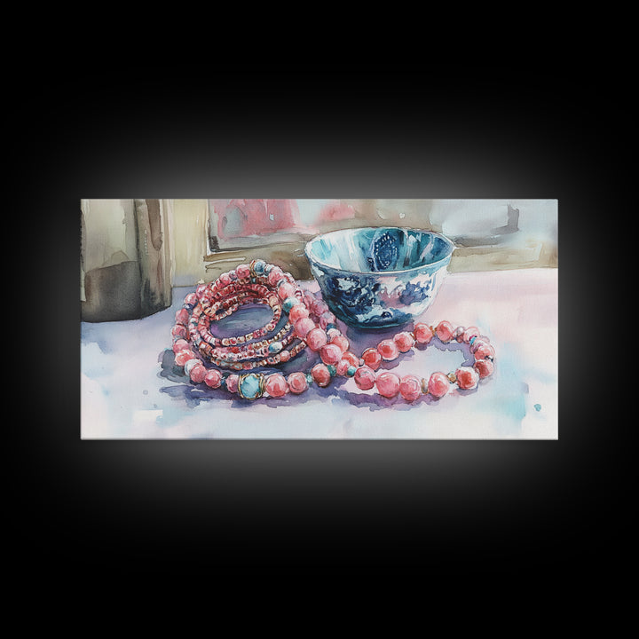 Beaded Necklace Canvas Print | Whimsical Boho Jewelry Wall Art | Pink and Blue Pastel Artwork | Feminine Room Decor | Gift Idea for Her