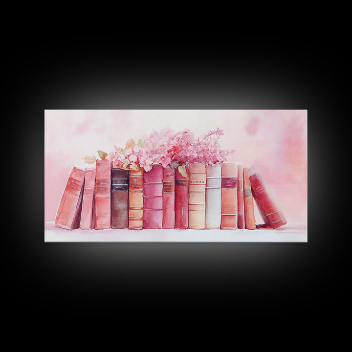 Vintage Book Stack Canvas Print | Botanical Pastel Wall Art | Cottagecore Library Decor | Feminine Reading Room Artwork | Gift Idea for Her
