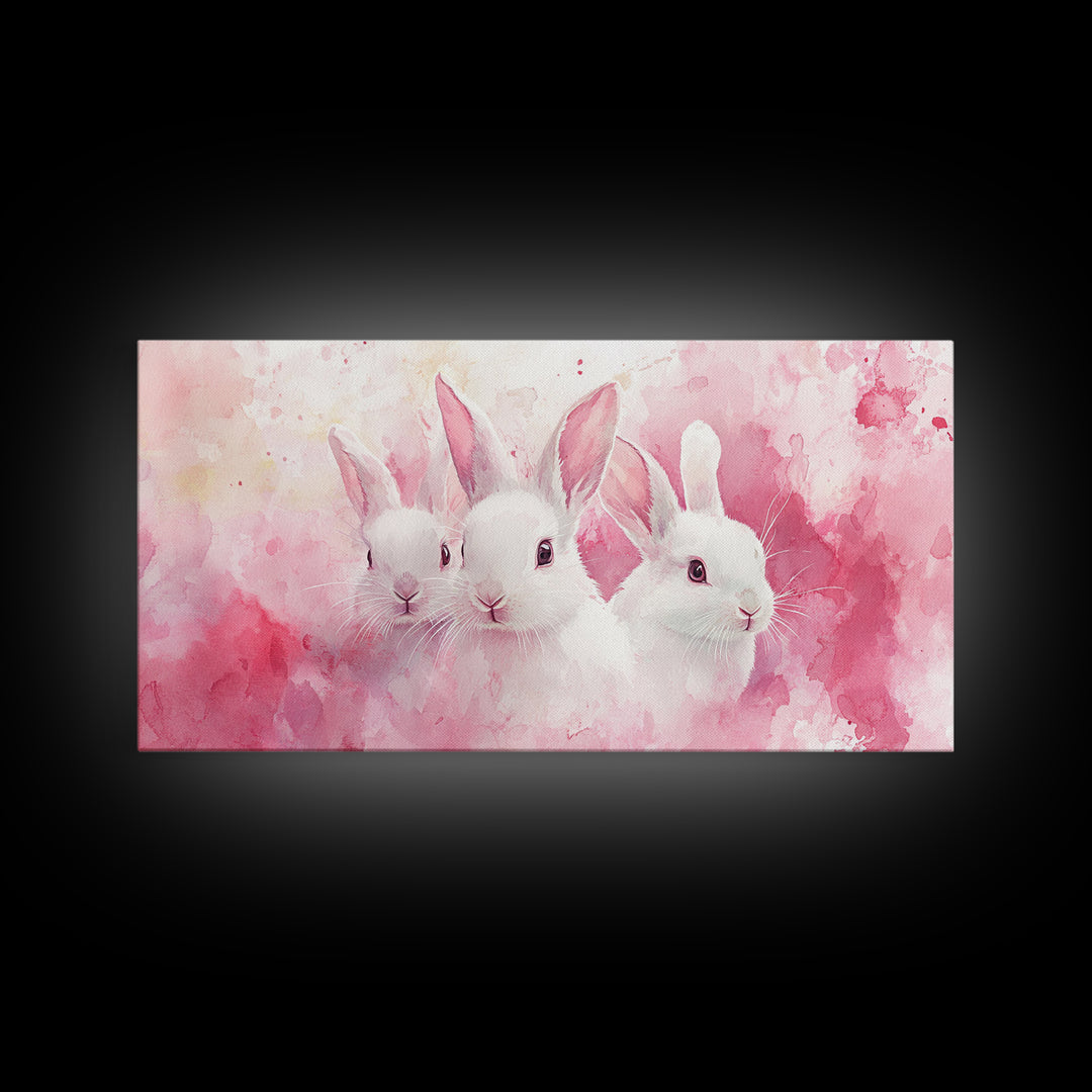 Three Bunnies Canvas Print, Adorable Pink Abstract Art Featuring Rabbits, Whimsical Nursery Wall Decor or Easter Themed Art