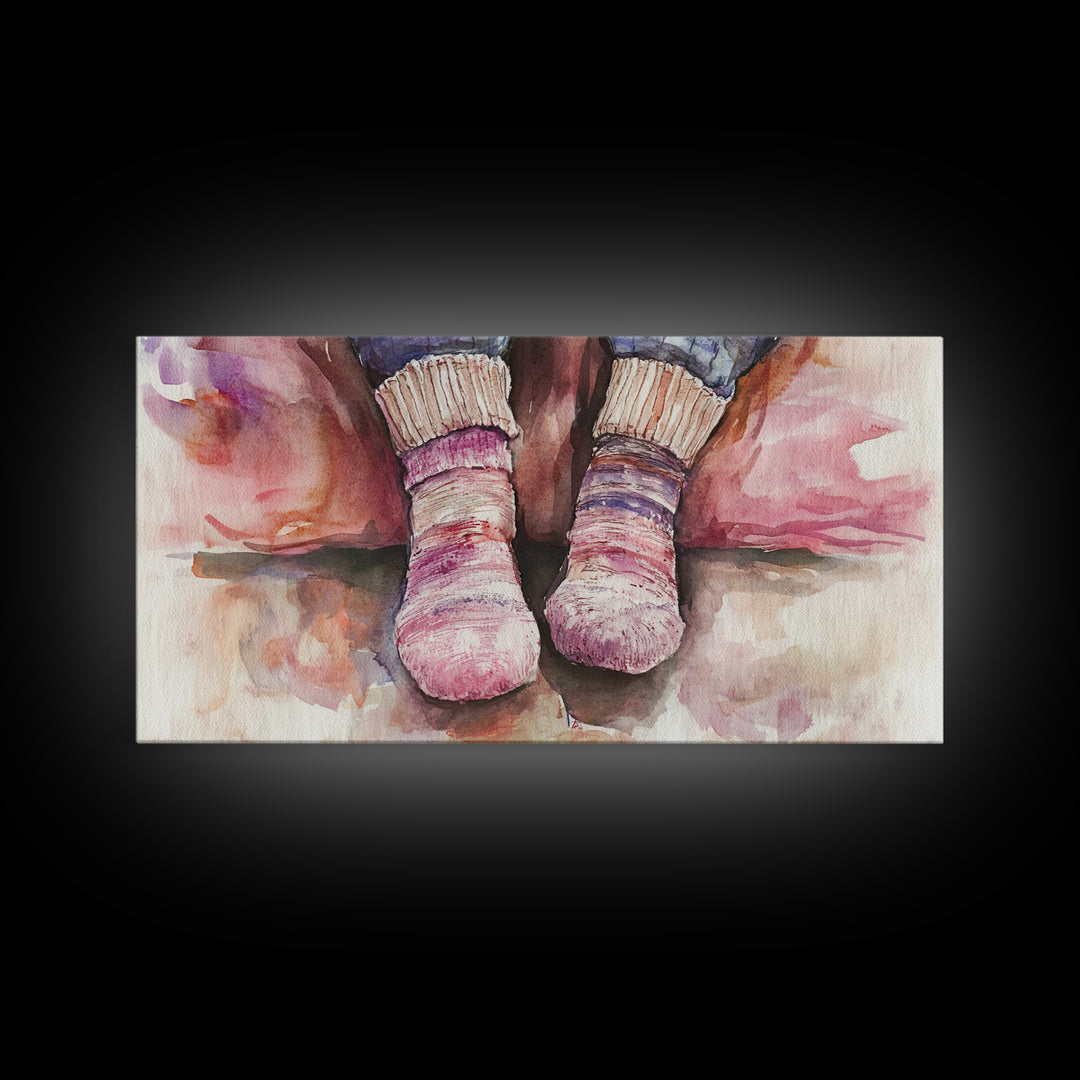 Cozy Socks Canvas Print, Rustic Light Pink and Warm Toned Painting, Whimsical Art as Fall Decor for Bedroom or Lounge Area